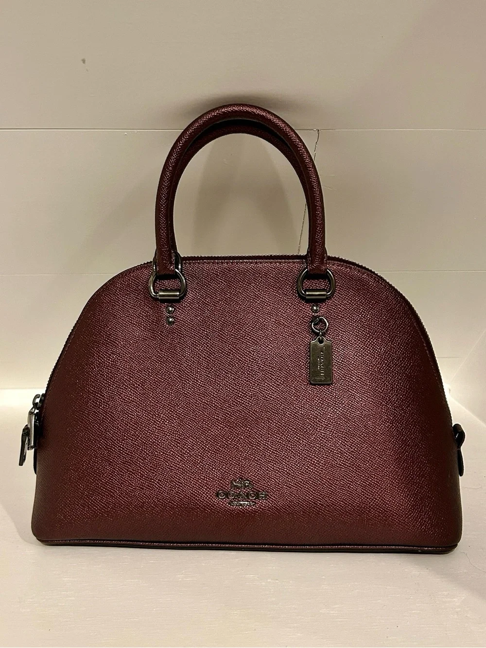 Coach Dome Satchel Handbag w/ Crossbody Strap in Metallic Burgundy